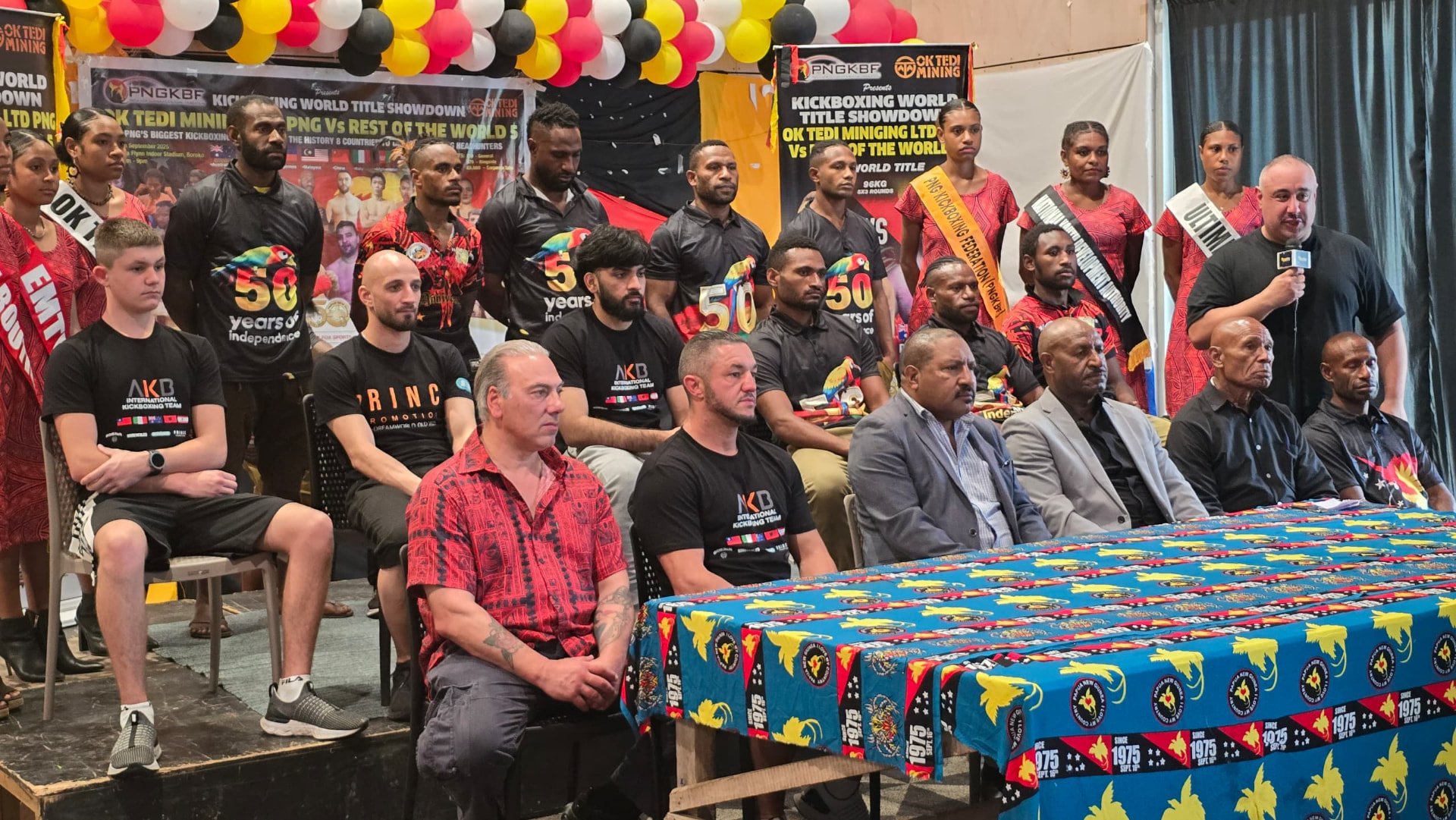PNGKBF officials, fighters and sponsors seated at the Kickboxing World Title Showdown press conference